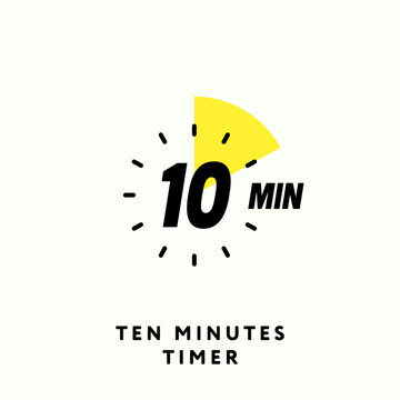 10 Minutes Timer Icon, Modern Flat Design. Clock, Stop Watch, Chronometer Showing Ten Minutes Label. Cooking Time, Countdown Indication. Isolated Vector Eps.