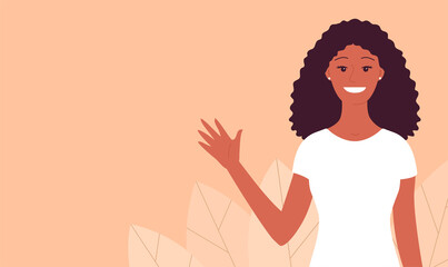 Portrait of young happy african american woman. A welcoming smile on your face. Makes a speech. Hand gesture. Business consultant girl. Flat vector illustration. Background with empty space for text