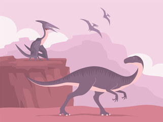 Ancient dinosaurs pangolin. Flying pterosaurs. Dinosaur of the Jurassic period. Science paleontology. Vector cartoon illustration of prehistoric nature © Mikhail