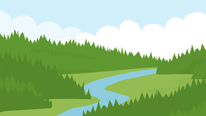 Fototapeta na wymiar Summer landscape of nature. Panorama with green coniferous forests, fields and blue sky with clouds. Rural scener. Flat vector illustration