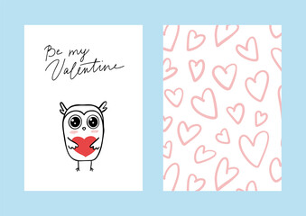 Greeting card template. Cute hand drawn owl holds a heart. Abstract background with hearts. Happy Valentines's Day postcard design. Vector illustration EPS10