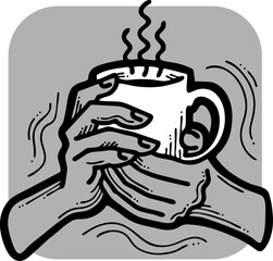 Hands holding coffee cup, Hot drink, tea or cacao for breakfast or take away. Espresso, latte, cappuccino. Hand drawn vintage style illustration. For cafe menu or postcard. Cartoon vector drawing.