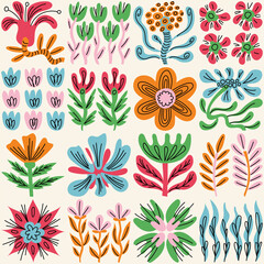 Set of creative artistic hand drawn floral elements. Cute trendy doodle nature seamless background. 