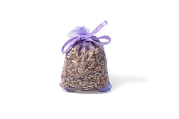 Lavender bag or pouch with dried lavender flowers isolated on white. Aromatic sachet with dry...