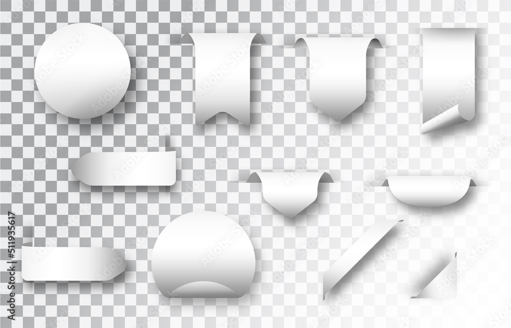 Poster white blank paper stickers set isolated. mockup realistic vector paper template with soft shadow.