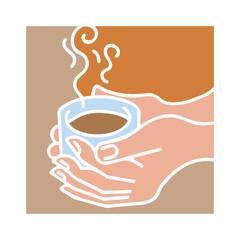 Hands holding coffee cup, Hot drink, tea or cacao for breakfast or take away. Espresso, latte, cappuccino. Hand drawn vintage style illustration. For cafe menu or postcard. Comic cartoon drawing.