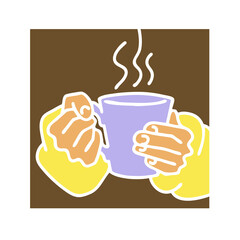 Hands holding coffee cup, Hot drink, tea or cacao for breakfast or take away. Espresso, latte, cappuccino. Hand drawn vintage style illustration. For cafe menu or postcard. Comic cartoon drawing.