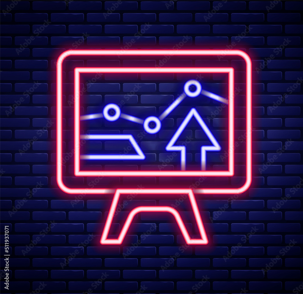 Poster glowing neon line computer monitor with graph chart icon isolated on brick wall background. report t