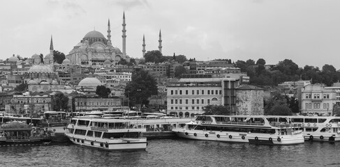 Istanbul panoramic black and white photo. Golden Horn