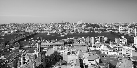 Istanbul, Turkey. Panoramic black and white cityscape
