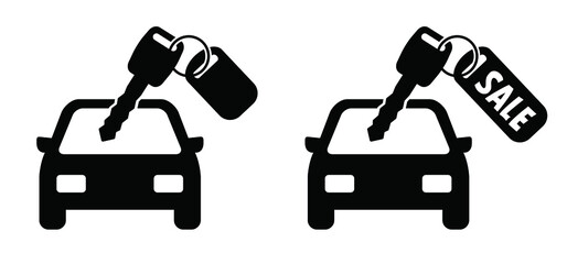 Rent a car service. Cartoon new car for sale iand car keys. con or pictogram. Concept buying or renting a new or used auto. Vector car key as a gift, deal. Cars delivery logo or symbol. Sales concept.