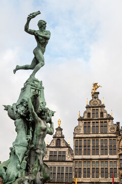 Market square in center of Antwerp with Brabo fountain; Belgium.