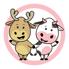 cute cow and deer mascot vector illustration