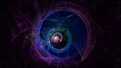 Abstract fractal background with cosmic glow. Colors of rainbow. Horizontal banner. Used for design and creativity, for screensavers.