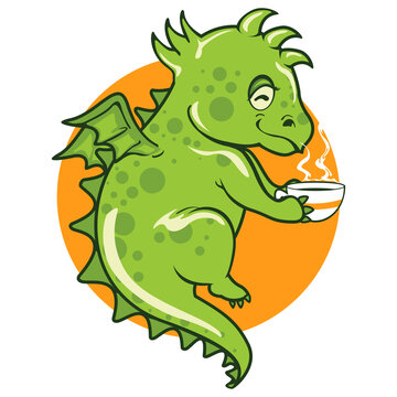 cute baby dragon with cup of tea mascot vector illustration