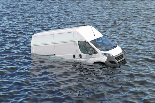 Commercial van in sea water. Sinking car. Concept of cargo and auto car insurance.