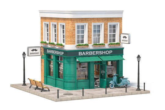 Barber shop hairdresser salon building exterior isolated on white.