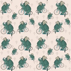 Obraz premium Seamless pattern with cute green dragons on bicycle. Fairytale animal with wings on beige background. Illustration for kids design, textile, fabric, wallpapers, nursing, paper, books, toys.