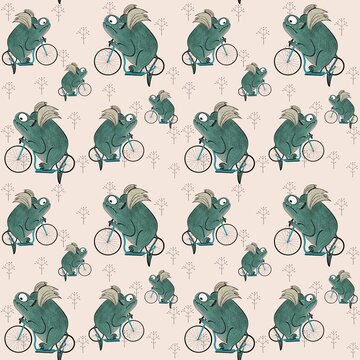 Seamless pattern with cute green dragons on bicycle. Fairytale animal with wings on beige background. Illustration for kids design, textile, fabric, wallpapers, nursing, paper, books, toys.