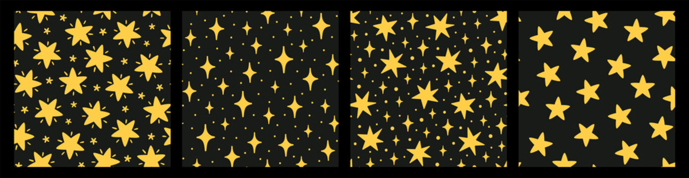 Set of vector seamless patterns with hand-drawn stars on black background. Night sky art textures. Modern illustration prints. Simple doodles for any surface design.