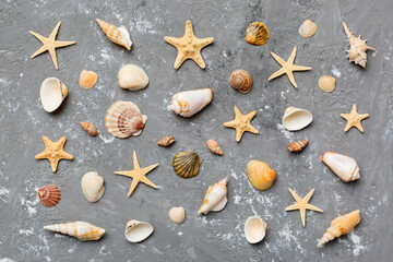 Summer time concept Flat lay composition with beautiful starfish and sea shells on colored table, top view