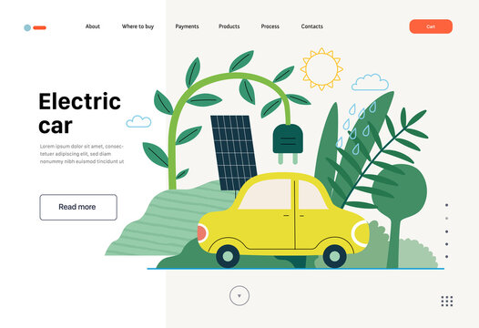 Ecology - Electric car -Modern flat vector concept illustration of Solar panels and an electric car. Renewable energy metaphor. Creative landing web page template