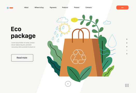 Ecology - Eco package -Modern flat vector concept illustration of a paper bag durrounded by plants, metaphor of ecological lyfestyle. Creative landing web page template