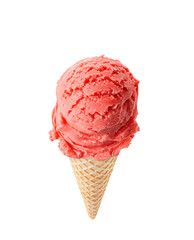 Cherry ice cream scoops with cone isolated on white background