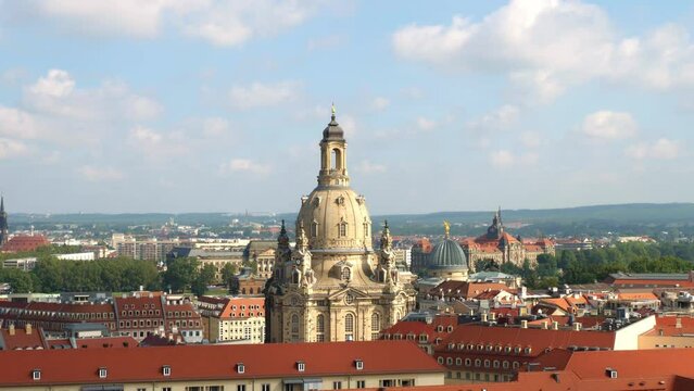 Aerial view of Dresden to church of our lady, Semperoper, Bruehl's Terrace and Cathedral. Travel and sights of city breaks. landmarks, travel guide Europe. Frauenkirche in Dresden, Germany