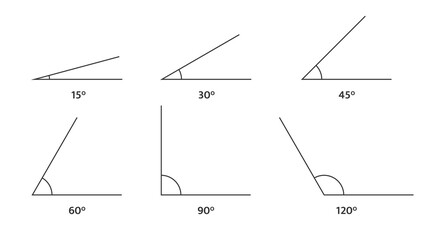 Angle icons set. 120, 90 60, 45 30, 15 degree measure. Math geometric design element. Technical architect blank. Trigonometry templates. Triangle sign. School sheet. Vector illustration - obrazy, fototapety, plakaty