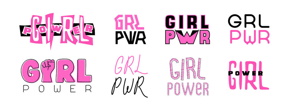 Feminist phrase Girl Power in different styles set vector illustration