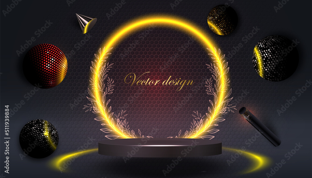 Wall mural design presentation with flying bright balls around the podium in a neon ring with a wreath of leave