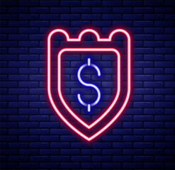 Glowing neon line Shield with dollar symbol icon isolated on brick wall background. Security shield protection. Money security concept. Colorful outline concept. Vector