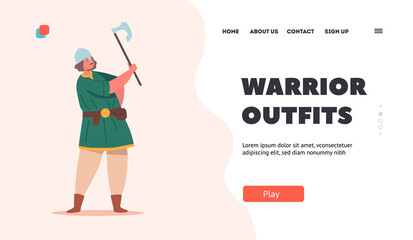 Warrior Outfit Landing Page Template. Viking Boy, Personage of Nordic Legends. Scandinavian Baby Wear Antique Dress