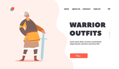 Warrior Outfit Landing Page Template. Funny Boy in Suit of Scandinavian Warrior, Barbarian Soldier in Horned Helmet