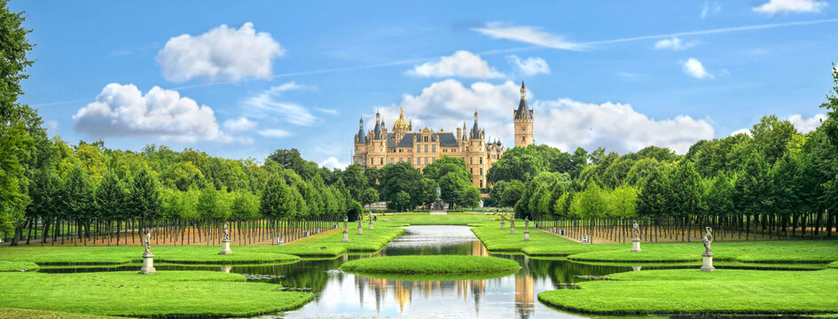 castle of schwerin in germany. Banner for travel goals and sights of city breaks. landmarks, travel guide Europe. Postcard Schwerin