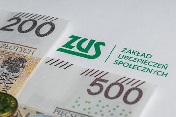 Polish money zlotys PLN, next to it the inscription 