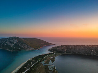 Panoramic aerial view over Divari beach near Navarino bay, Gialova. It is one of the best beaches in mediterranean Europe. Beautiful lagoon near Voidokilia from a high point of view, Messinia, Greece