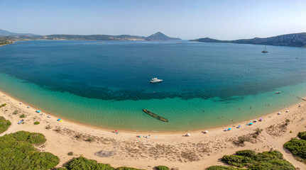 Panoramic aerial view over Divari beach near Navarino bay, Gialova. It is one of the best beaches in mediterranean Europe. Beautiful lagoon near Voidokilia from a high point of view, Messinia, Greece