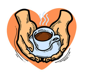 Hands holding coffee cup with love. Hot drink, tea, cacao for breakfast or take away. Espresso, latte, cappuccino. Hand drawn vintage style illustration. Cafe menu, postcard design. Cartoon drawing.