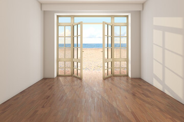 Sunny Hotel Room with Sea View near the Beach. Room without Furniture with Open Doors Overlooking the Ocean, Yellow Sand and Clouds. Dark Parquet Floor and a Beige Stucco Walls. 3d render, 8K Ultra HD