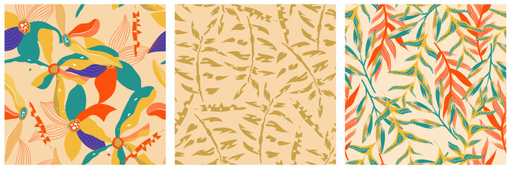 Fototapeta na wymiar Aesthetic boho jungle seamless pattern set for print design. Boho botanical collection tropic floral background. Modern exotic floral jungle pattern. Geometric texture. Print design