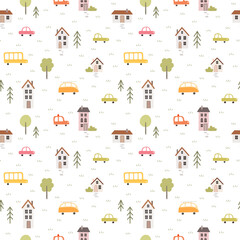 Cute seamless pattern with cars, houses, landscape elements. Cartoon city, village, trees. Vector background