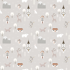 Fototapeta na wymiar Cute seamless pattern with winter landscape elements. Forest, mountain, houses, tree, animals, wolf, deer, bear. Cute holiday city