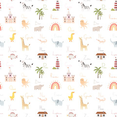Fototapeta na wymiar Cute seamless pattern with alphabet elements. Cartoon background with text and elements. Decor for nursery and kids room. Castle, rainbow, houses