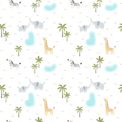 Obraz premium Cute seamless pattern with African animals and nature. Elephants, giraffe, zebra, palm trees, lake. Cartoon vector background