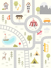 Children's illustration with road map, railroad, cars and houses in cartoon style. Cute poster for nursery room design, cards, prints. Hand drawn vector poster - 511941418