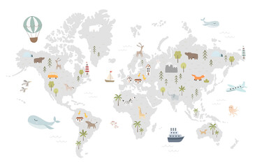 World map with cute animals in cartoon style. Map for nursery, kids room with nature, animals, transports. Skandi vector illustration - 511941420