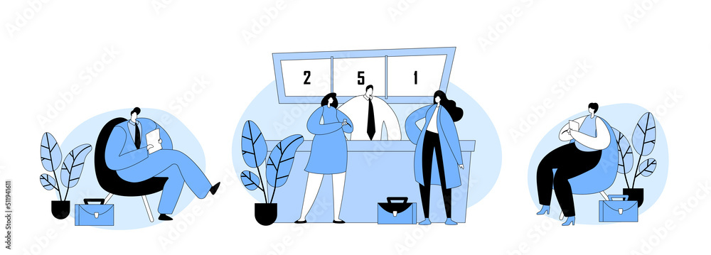 Poster characters use banking finance services. people wait in bank office queue. client talking to manager