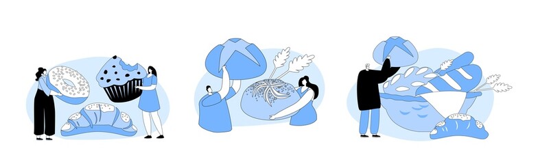 Obraz premium Happy People Eating Bakery. Tiny Men and Women with Huge Bread and Pastry. Male Character Holding Baked Sweet Bun